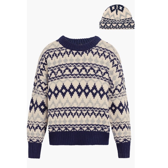 Favorite Daughter ‘Tis The Season Sweater &Hat Set Blue/Grey Fair Isle Sz M NWT
